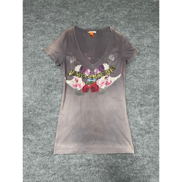 Christian Audigier Paco Chicano Women’s T-Shirt Sz L V-Neck Crown Roses Dove - Picture 1 of 16